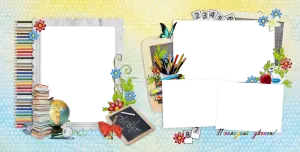 Colorful School Frames Collage with Books, Globe, and Stationery