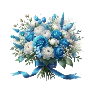 Blue and White Floral Wedding Bouquet with Ribbon