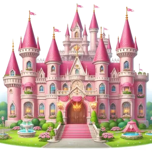 Bright Pink Fairy Tale Castle with Gardens and Fountain