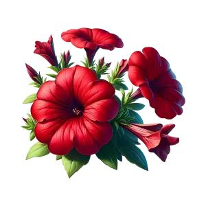Red Petunias with Green Leaves on Black Background
