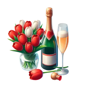 Bouquet of Red and White Tulips with Champagne Bottle and Glass