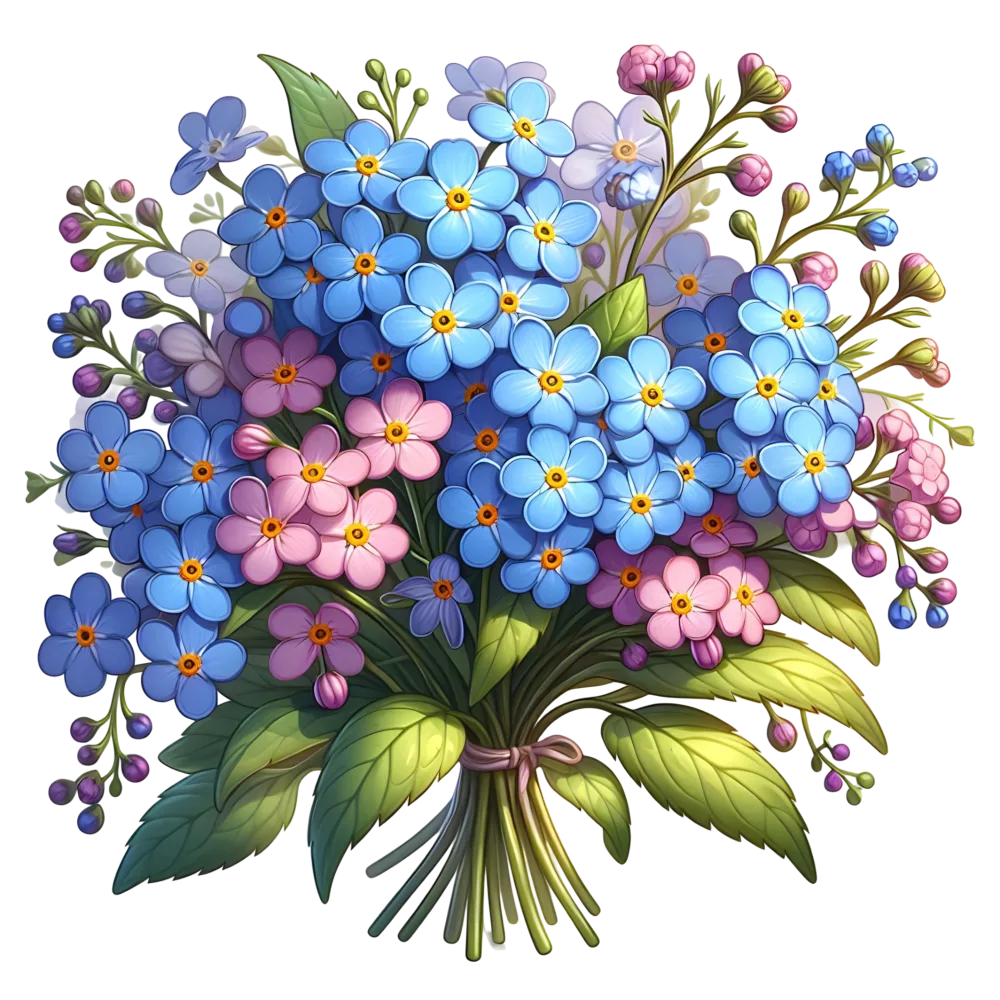 Colorful Bouquet of Blue and Pink Flowers with Green Leaves