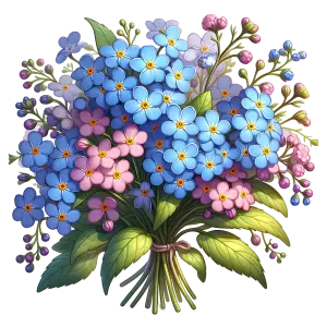 Colorful Bouquet of Blue and Pink Flowers with Green Leaves