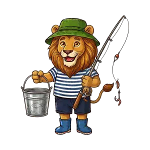 Cartoon Lion Fisherman Holding Fishing Rod and Bucket