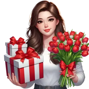 Young Woman Holding Gift Boxes and Red Tulip Bouquet