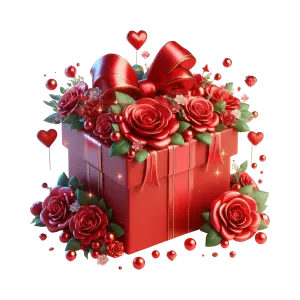 Red Gift Box with Roses and Hearts Decoration