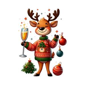 Festive Reindeer Wearing Christmas Sweater with Ornaments and Drink