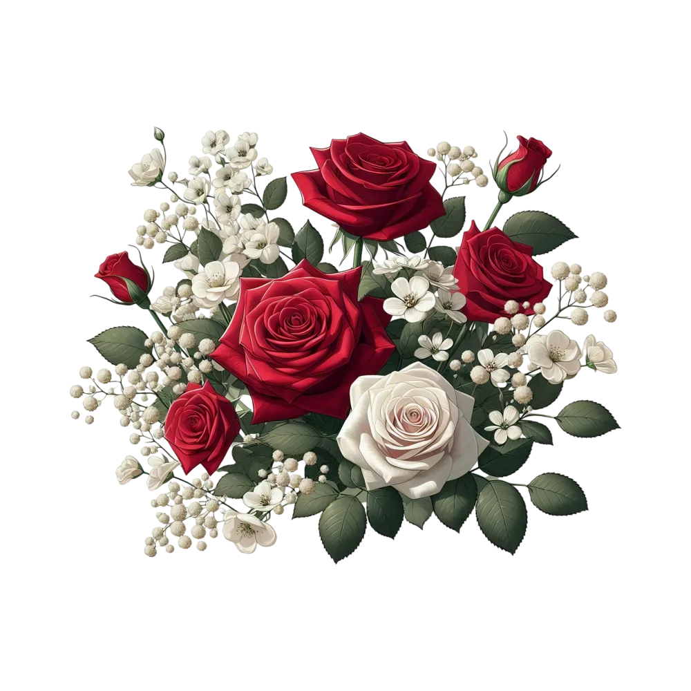 Bouquet of Red and White Roses with White Blossoms