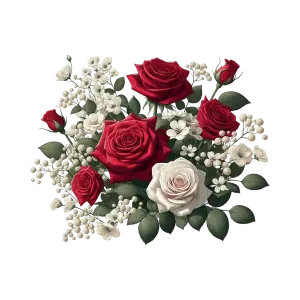 Bouquet of Red and White Roses with White Blossoms