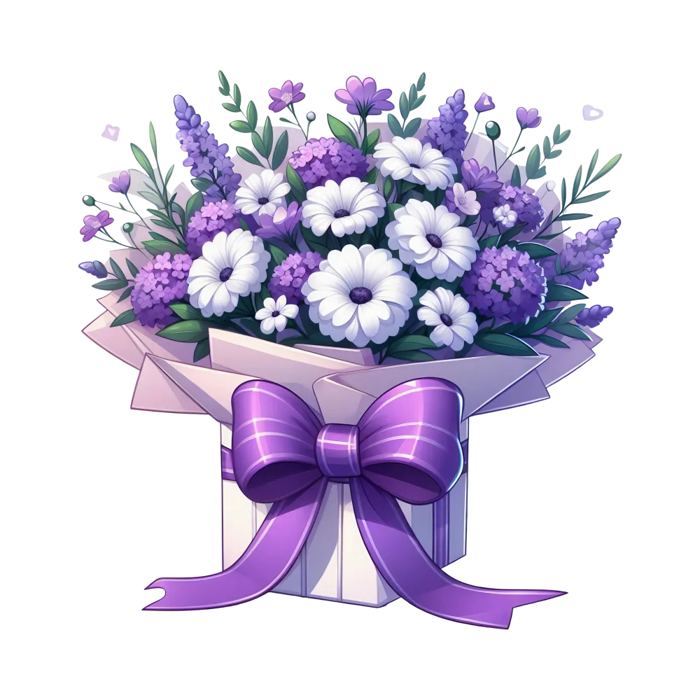 Bouquet of Purple and White Flowers in Gift Box with Ribbon