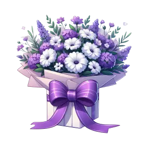 Bouquet of Purple and White Flowers in Gift Box with Ribbon