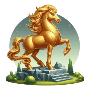 Golden Horse Statue on Stone Pedestal with Greenery