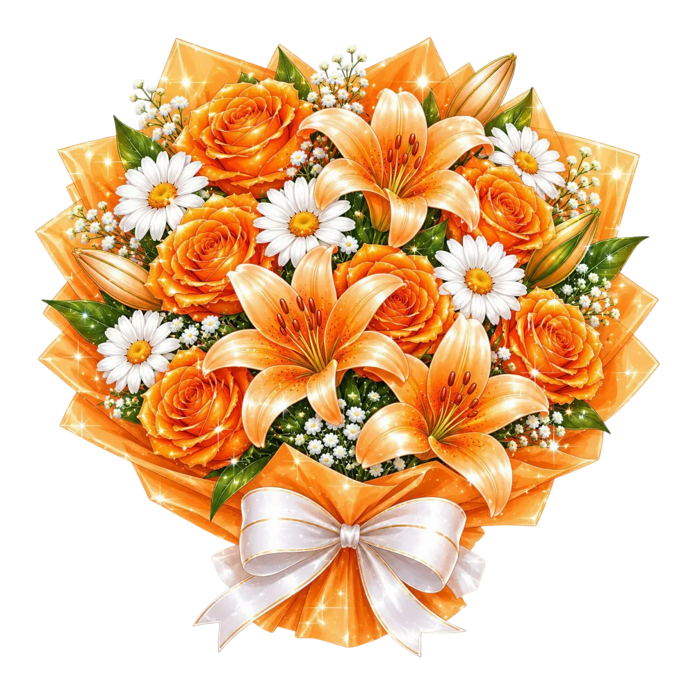 Orange Rose and Lily Flower Bouquet with White Bow