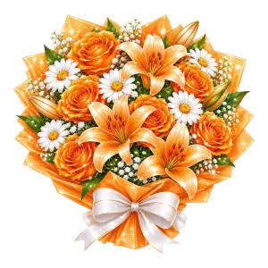 Orange Rose and Lily Flower Bouquet with White Bow