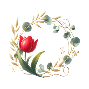 Decorative Floral Wreath with Red Tulip and Golden Leaves