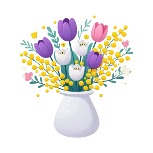 Colorful Bouquet of Tulips and Mimosa in White Vase