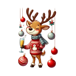 Festive Reindeer in Christmas Sweater Holding Drink with Hanging Ornaments