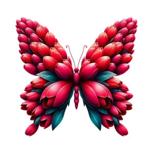 Red Floral Butterfly Illustration with Blue Leaves