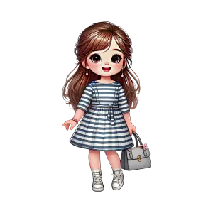 Cute Cartoon Girl in Striped Dress with Handbag