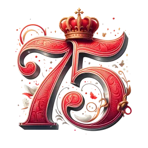 Ornate Red Number 75 with Gold Crown and Decorative Flourishes