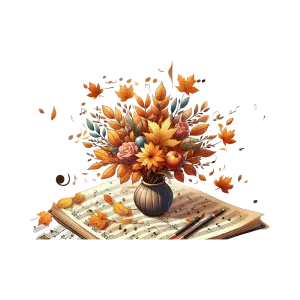 Autumn Flower Bouquet in Vase on Music Sheet with Pencil
