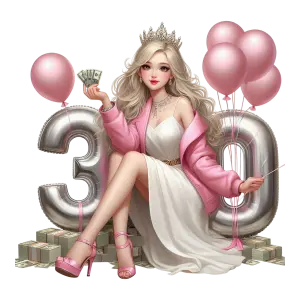 Glamorous Woman Celebrating 30th Birthday with Money and Balloons