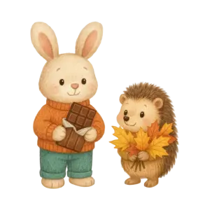 Cute Bunny and Hedgehog Holding Chocolate and Autumn Leaves