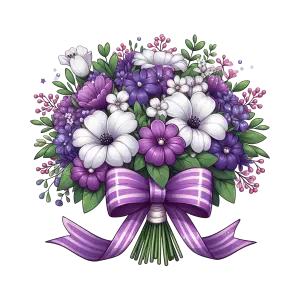 Colorful Bouquet of Purple and White Flowers with Striped Ribbon