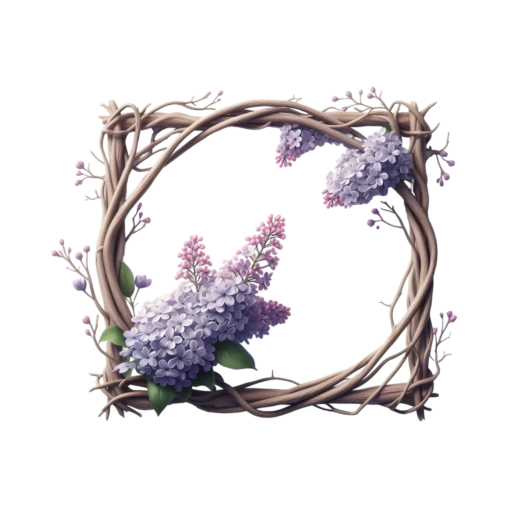 Rustic Wooden Frame with Purple Lilac Flowers