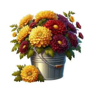 Colorful Chrysanthemum Flowers in Metal Bucket