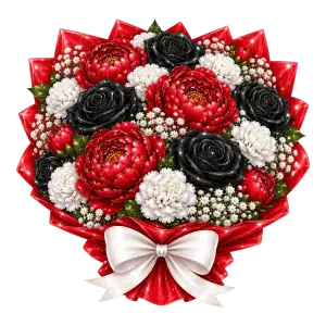 Elegant Bouquet of Red, Black, and White Flowers with White Bow