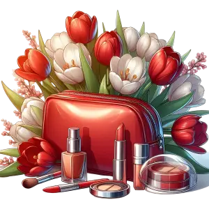 Red and White Tulips with Red Makeup Set and Cosmetic Bag