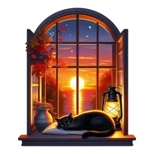 Cozy Black Cat Sleeping on Windowsill at Sunset