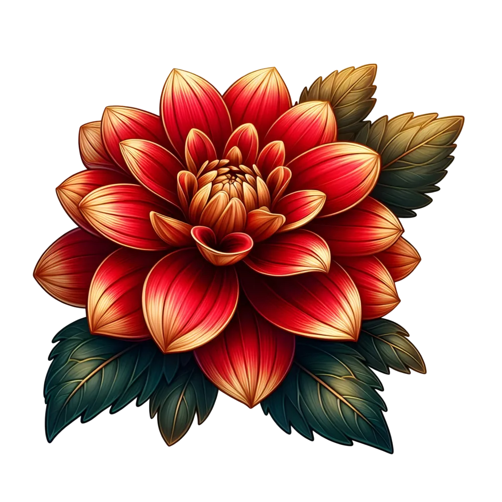 Detailed Red and Gold Dahlia Flower with Green Leaves