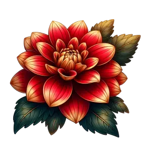 Detailed Red and Gold Dahlia Flower with Green Leaves