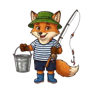 Cartoon Fox Fisherman with Bucket and Fishing Rod