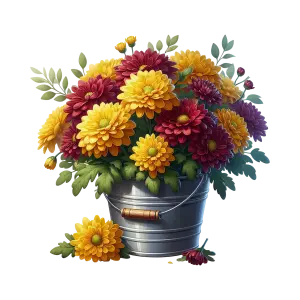 Colorful Chrysanthemum Flowers in Metal Bucket