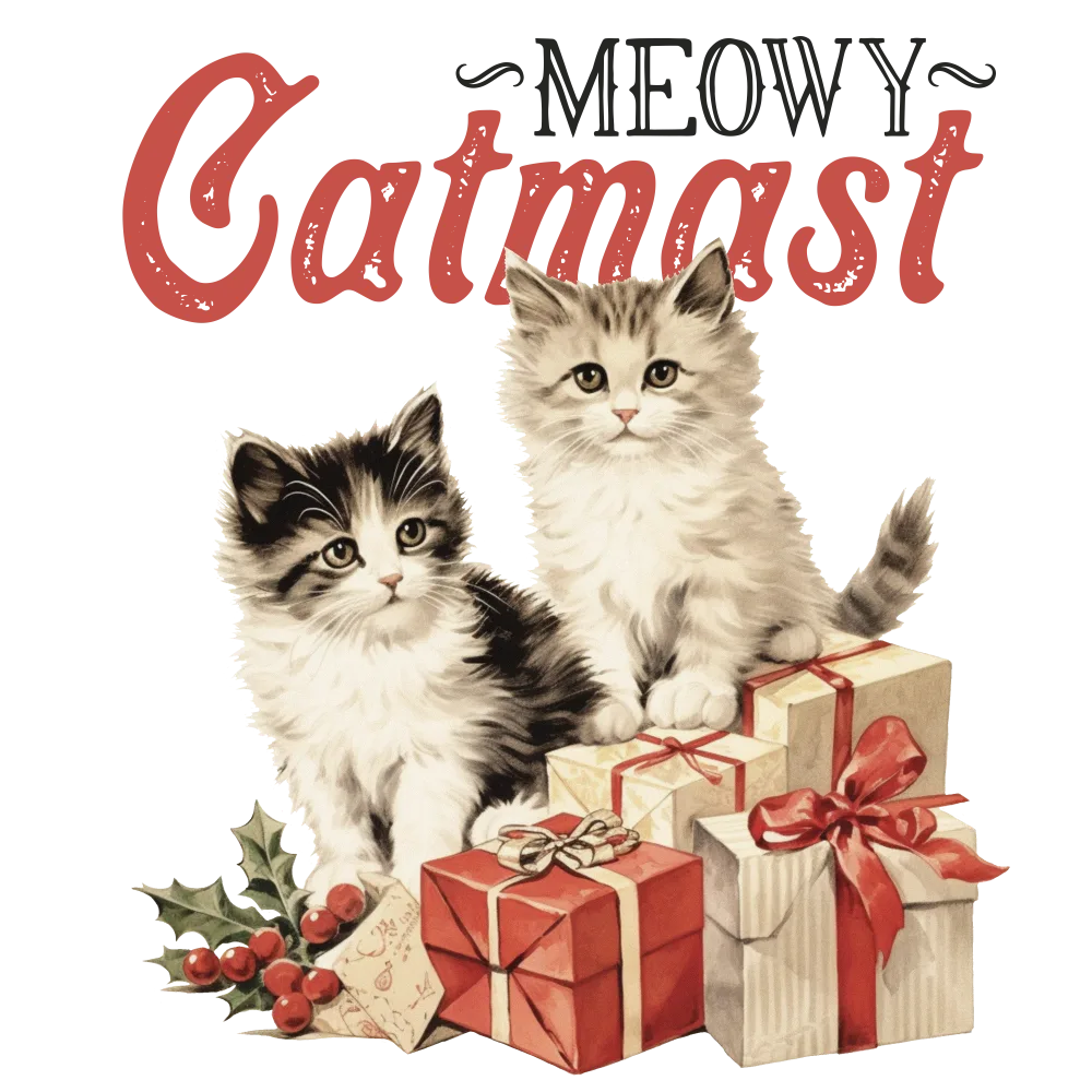 Two Cute Kittens with Christmas Presents and Holly