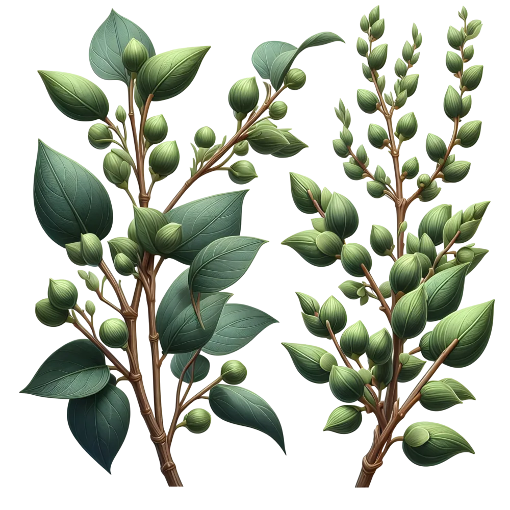 Green Plant Branches with Leafy Stems and Seed Pods