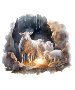 Sheep Family by a Campfire in a Rocky Cave Watercolor