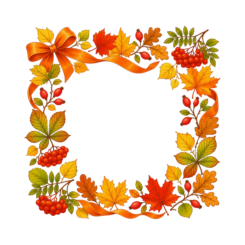 Autumn Leaves and Berries Square Frame with Orange Ribbon Bow