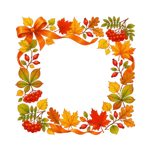 Autumn Leaves and Berries Square Frame with Orange Ribbon Bow