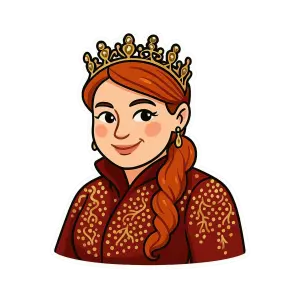 Cartoon Red-Haired Queen with Gold Crown and Embroidered Dress