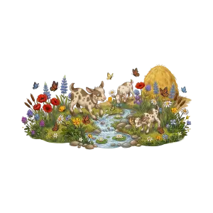 Playful Baby Goats by a Stream in Colorful Flower Meadow