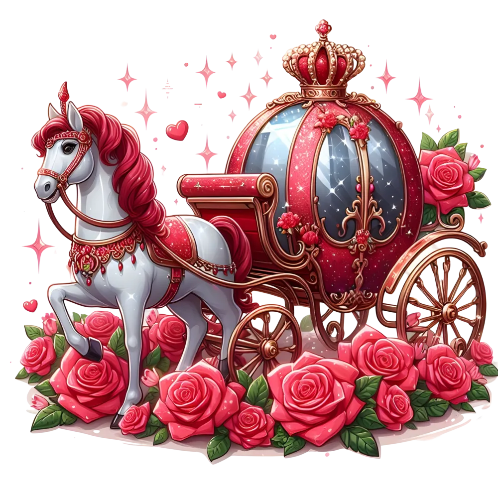 Royal White Horse and Red Rose Carriage with Crown