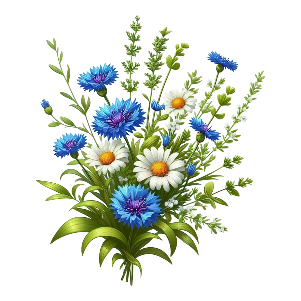 Blue Cornflowers and White Daisies Floral Bouquet