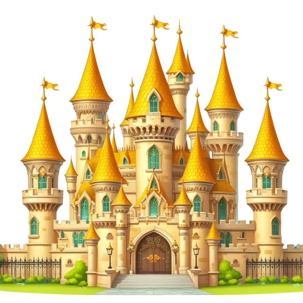 Fantasy Castle with Golden Turrets and Arched Doorway