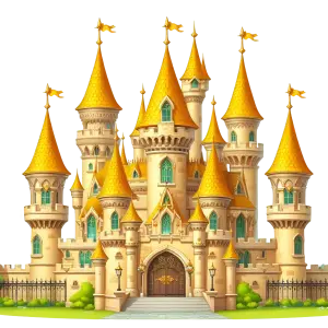 Fantasy Castle with Golden Turrets and Arched Doorway
