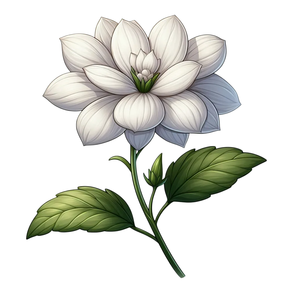 White Dahlia Flower with Green Leaves Illustration