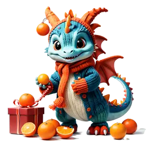 Cute Cartoon Dragon Wearing Knit Sweater and Scarf with Oranges and Gift